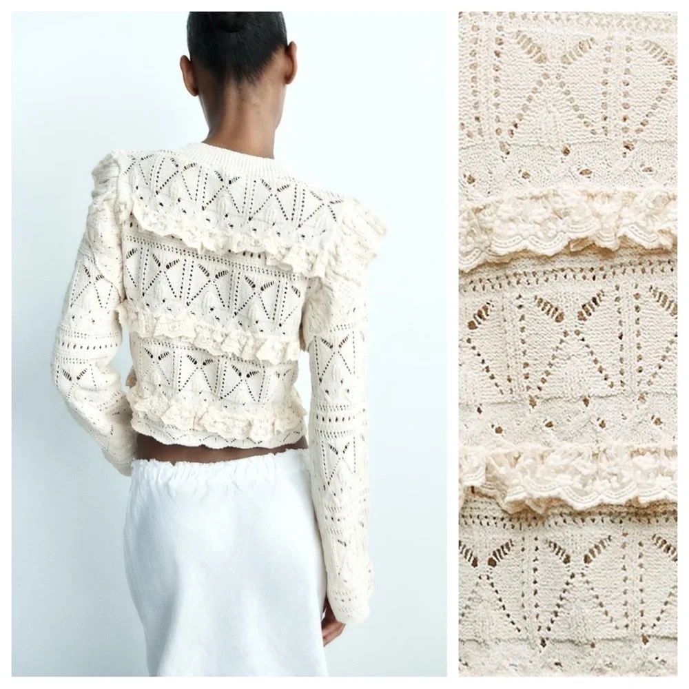 NWT. Zara Ecru Pointelle Ruffled Knit Top. Size L.